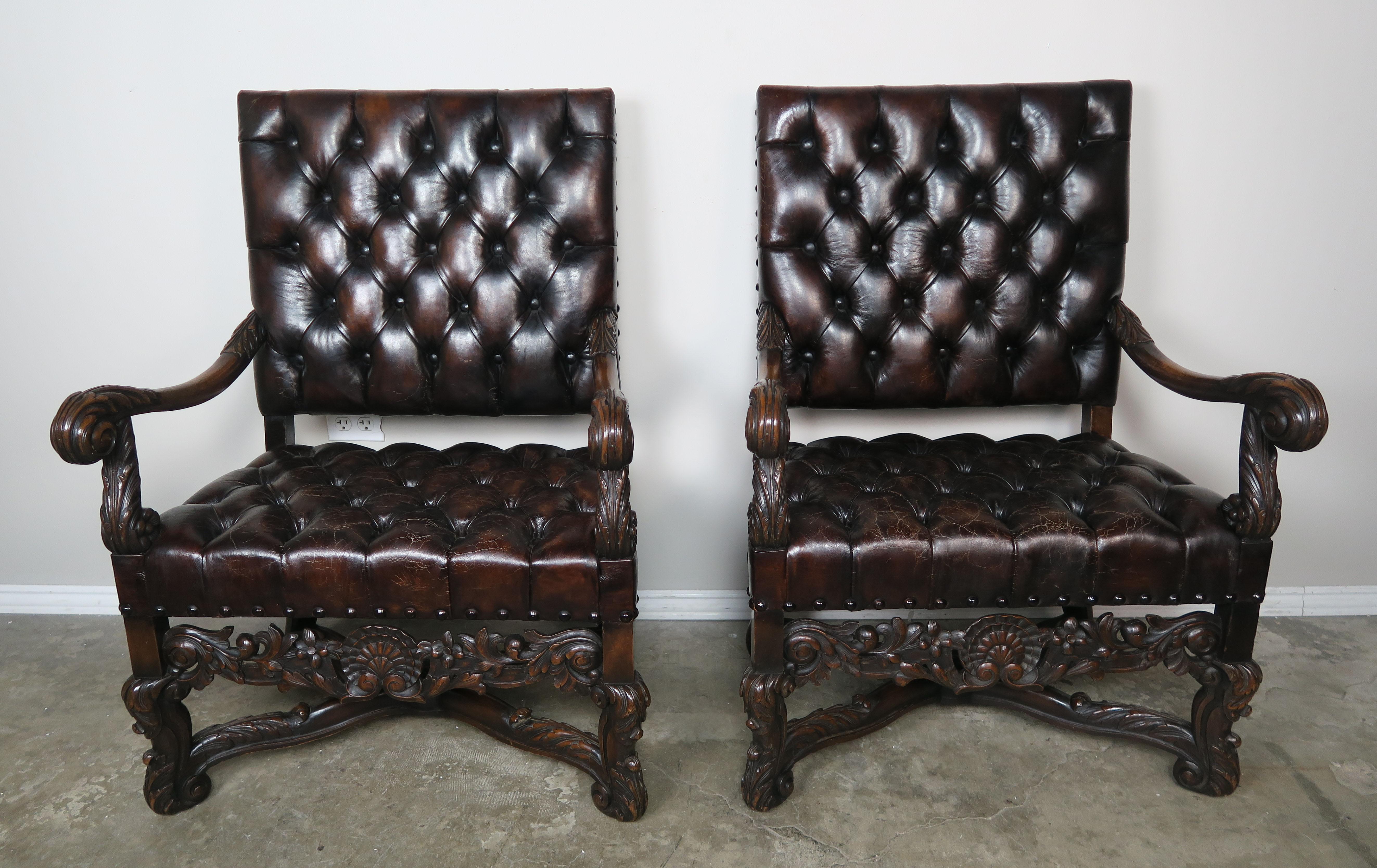 Other 19th Century Italian Leather Tufted Armchairs, a Pair