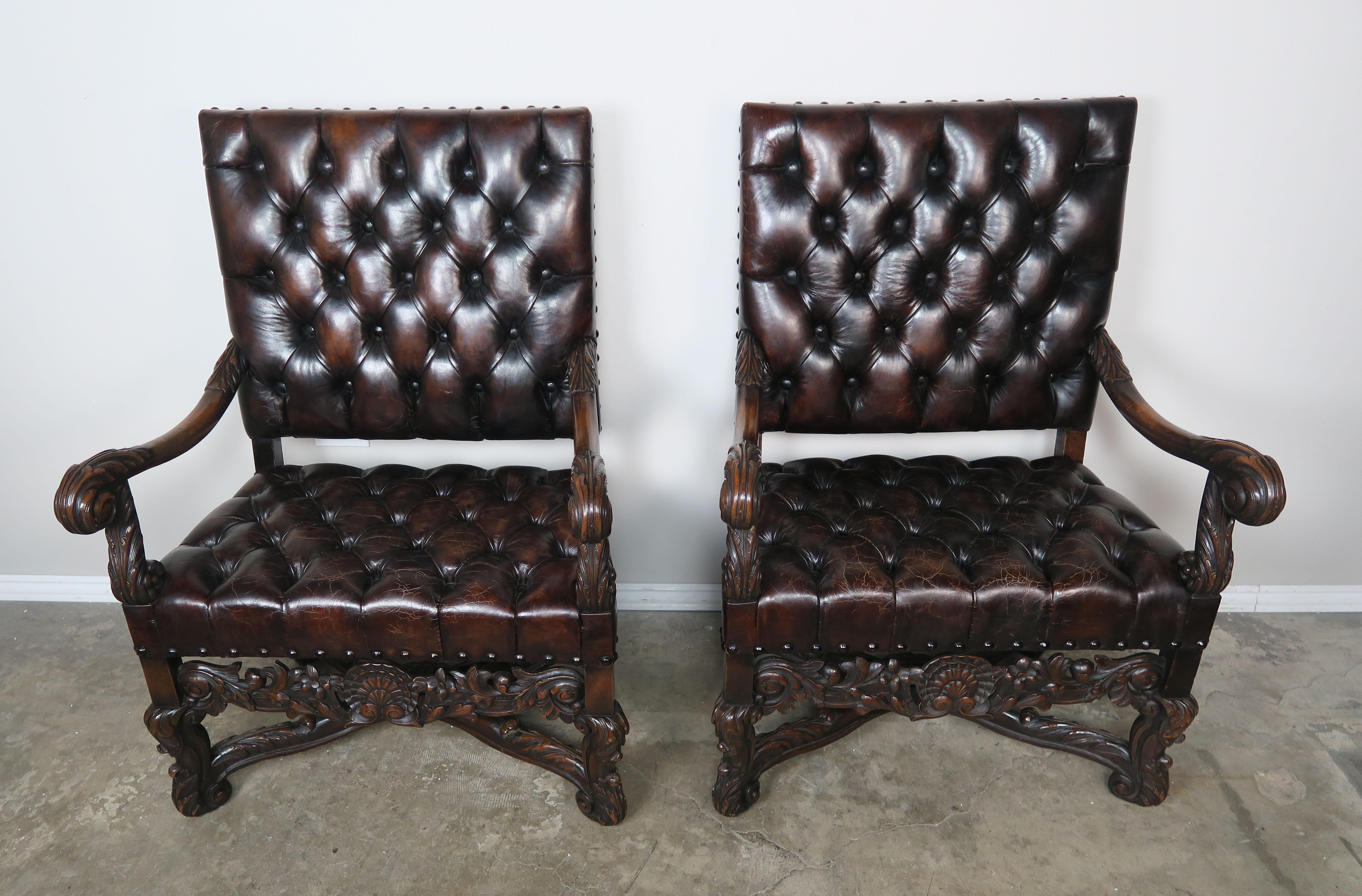 19th Century Italian Leather Tufted Armchairs, a Pair In Good Condition In Los Angeles, CA