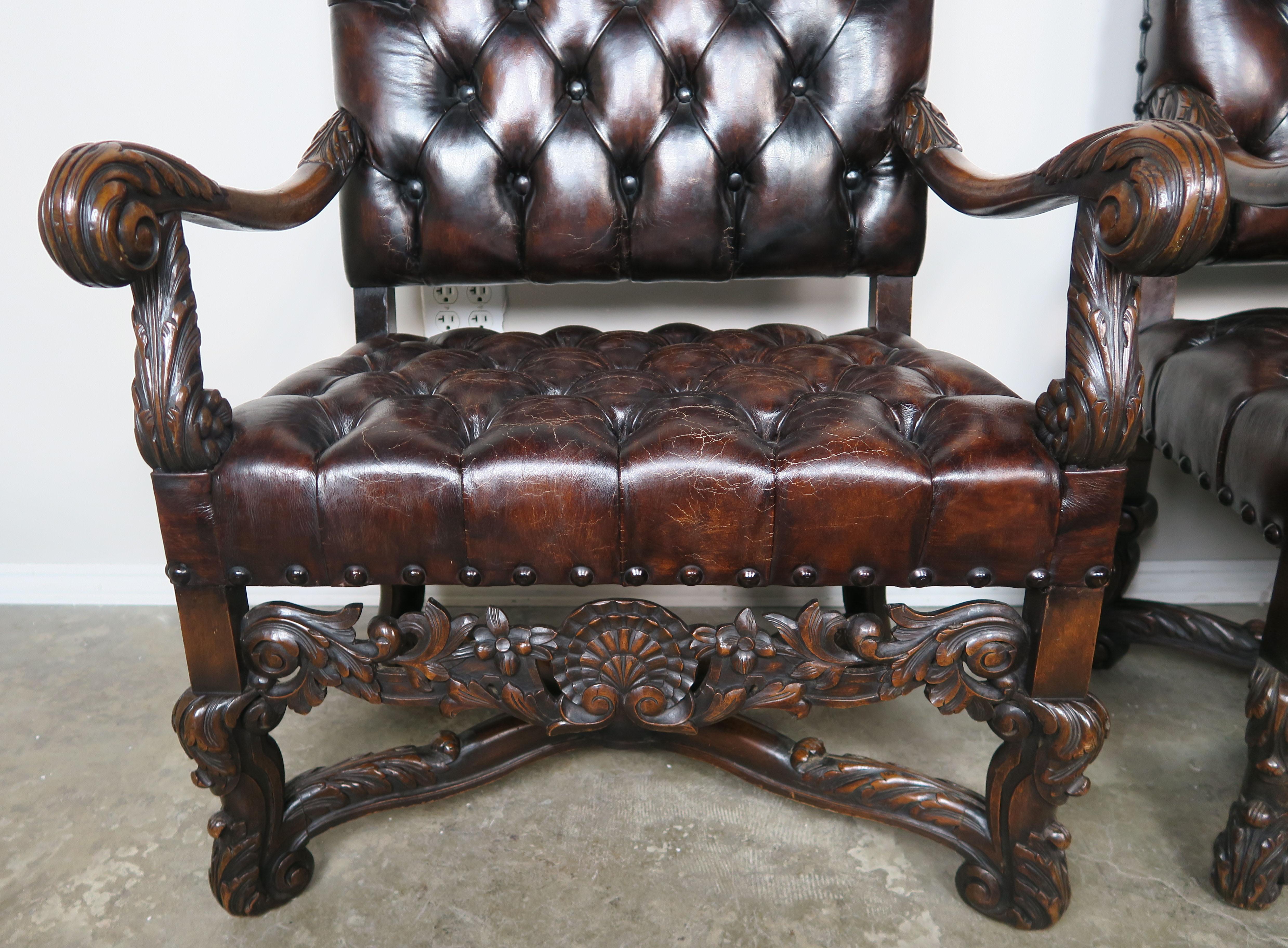 19th Century Italian Leather Tufted Armchairs, a Pair 2