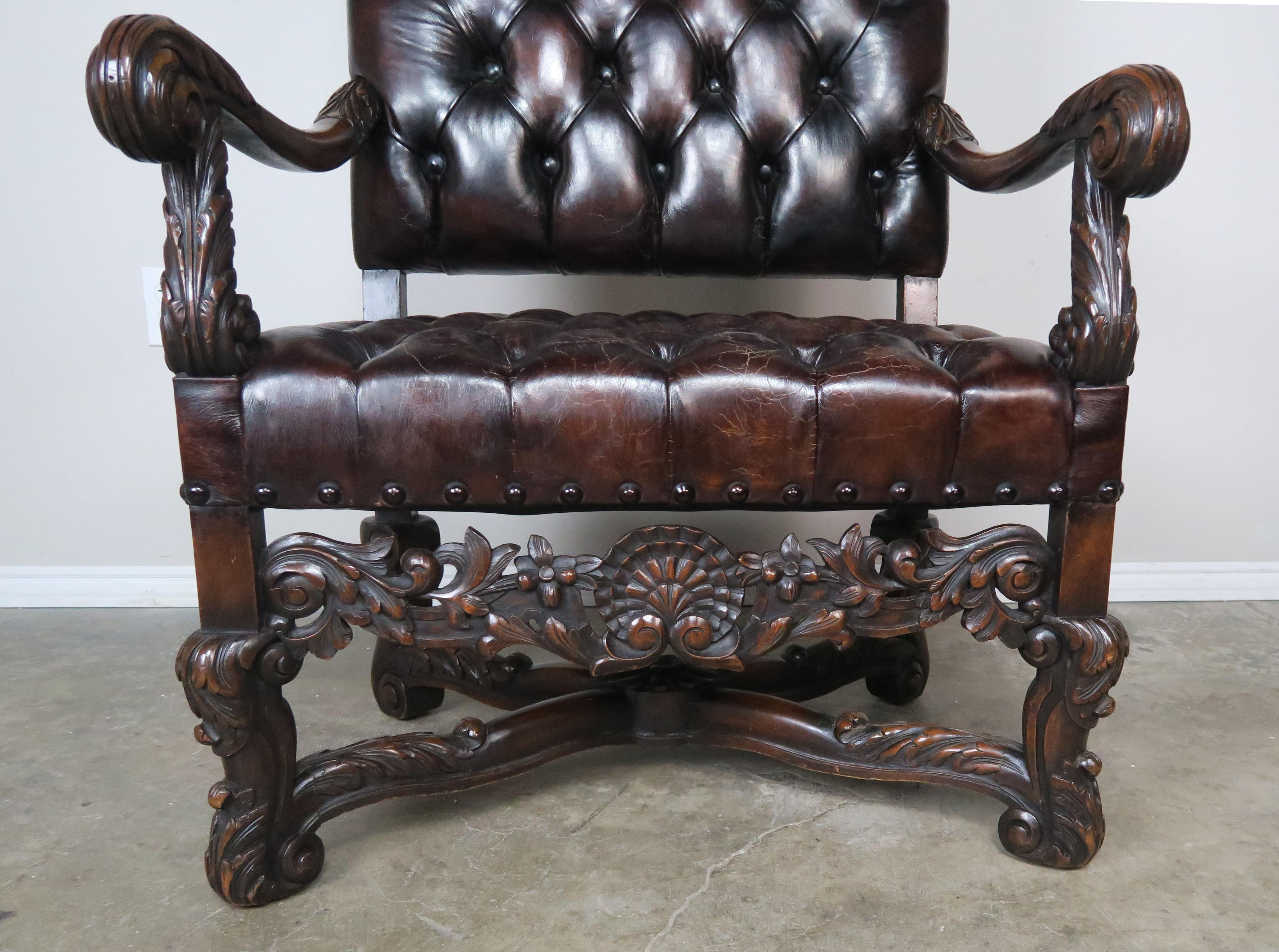 19th Century Italian Leather Tufted Armchairs, a Pair 4