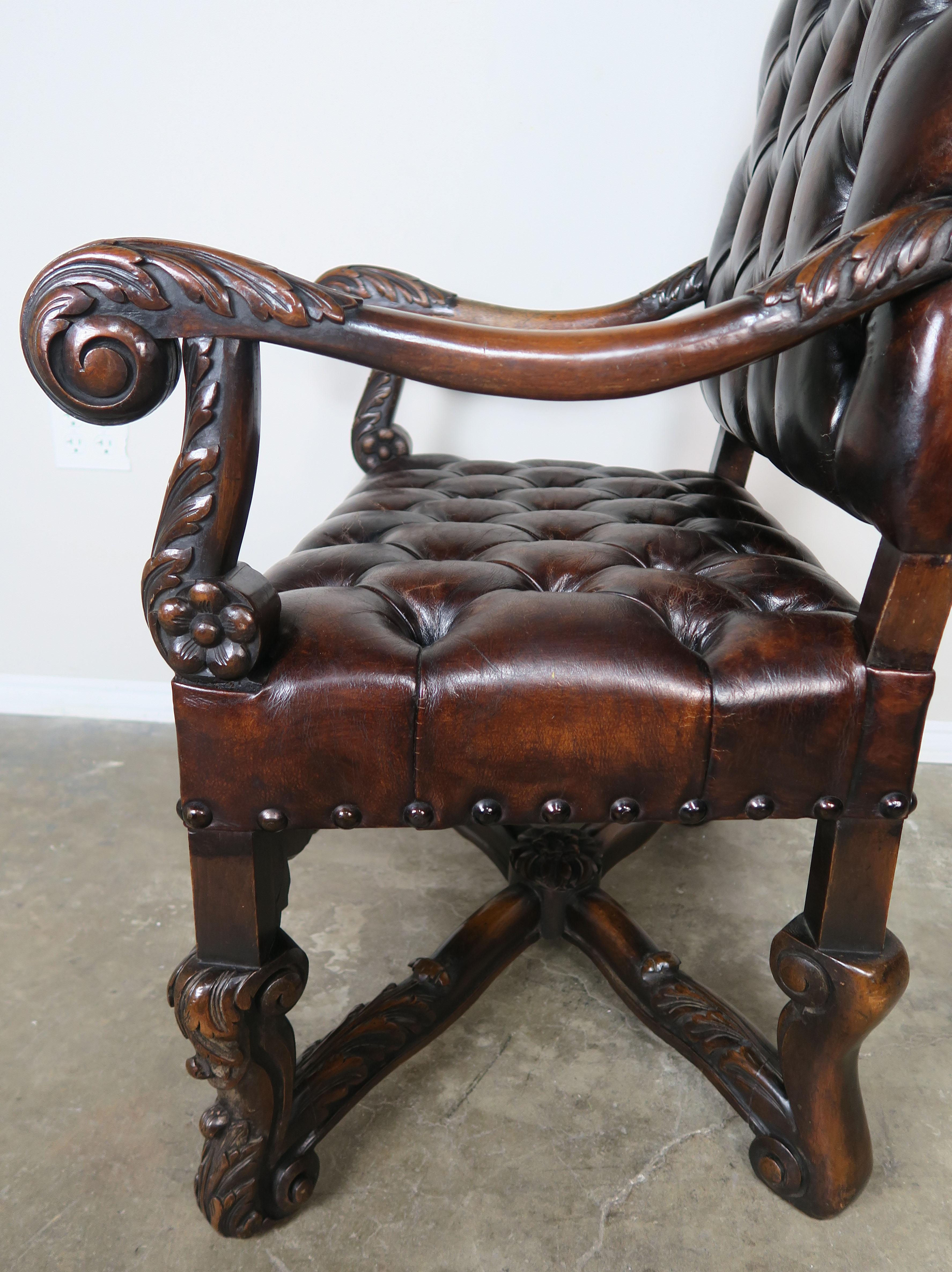19th Century Italian Leather Tufted Armchairs, a Pair 5