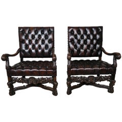 19th Century Italian Leather Tufted Armchairs, a Pair