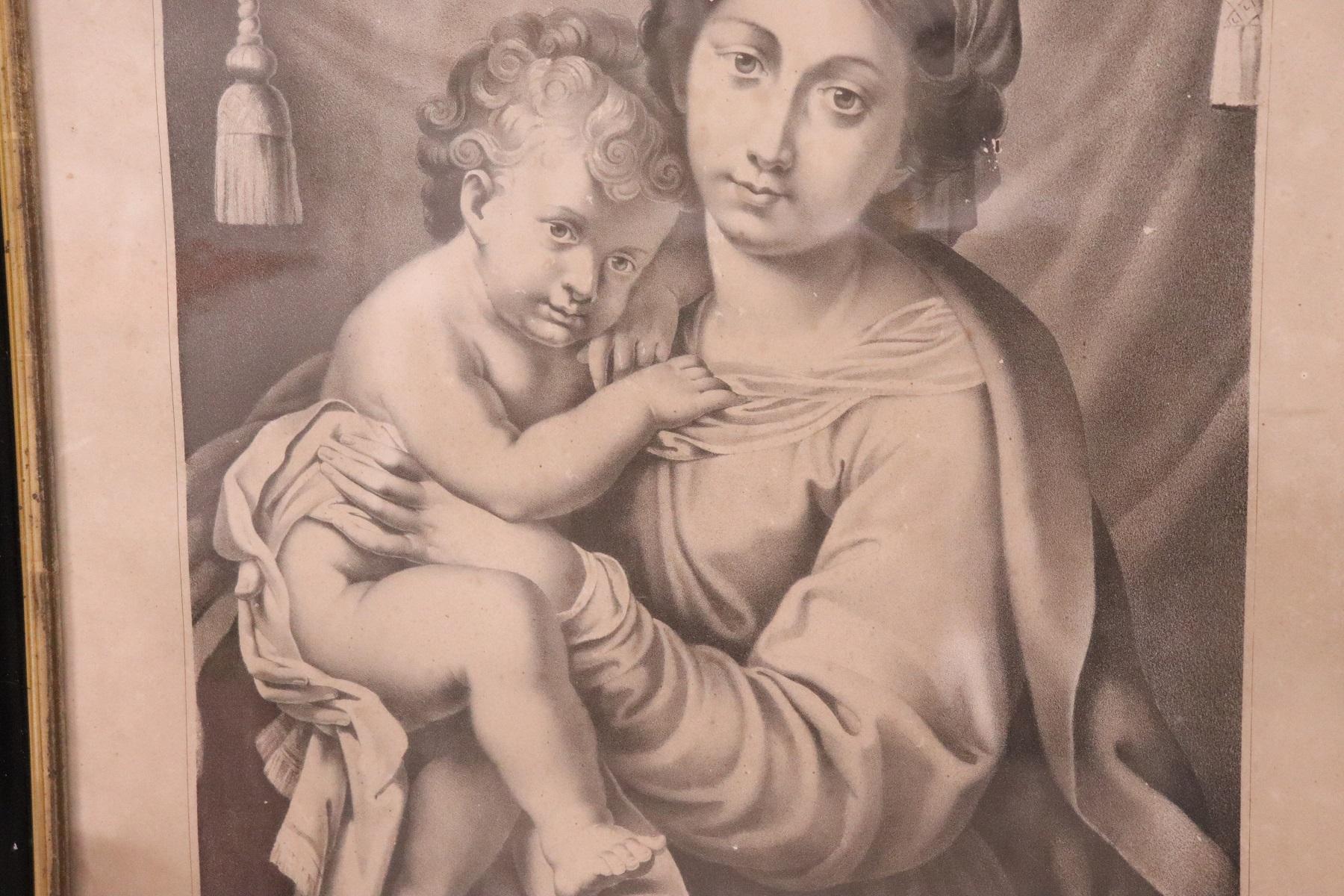 19th Century Italian Lithograph, Print Madonna with Jesus Child In Good Condition For Sale In Casale Monferrato, IT