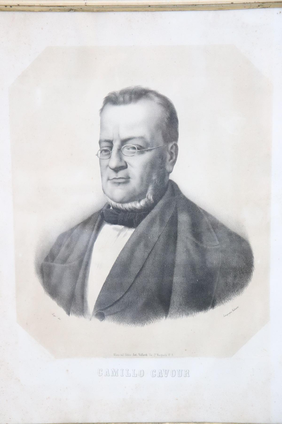 Beautiful lithograph 1880s portrait of Camillo Benso, count of Cavour important figure in the history of Italy. With an elegant golden frame in antique gold leaf.

Camillo Paolo Filippo Giulio Benso, count of Cavour, of Cellarengo and of