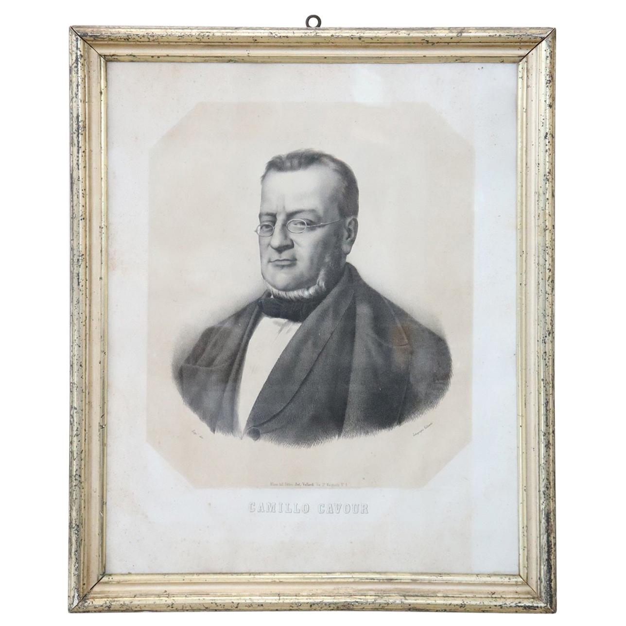 19th Century Italian Lithography Important Italian Politician Count of Cavour