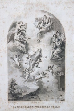 19th Century Italian Lithography Subjet Magdalene Taken to Heaven by Angels