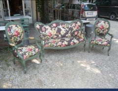 19th Century Italian Living Room Set in Lacquered Wood Floral Upholstered, 1890s