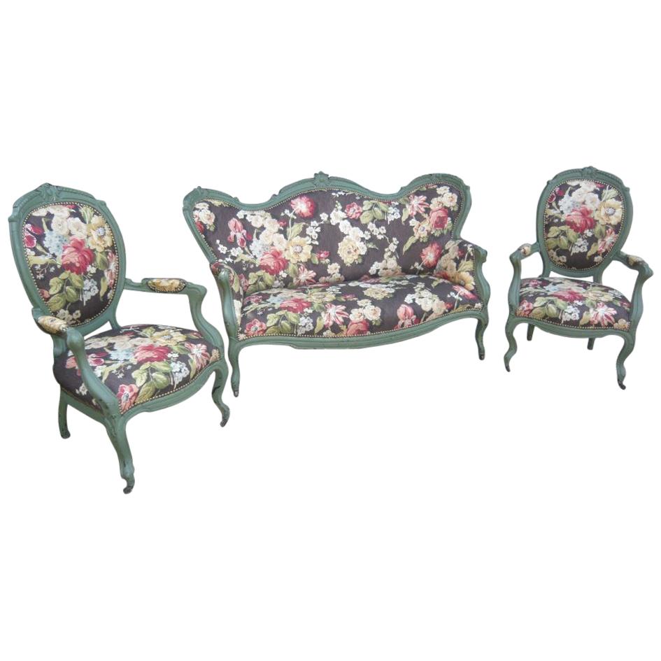 19th Century Italian Living Room Set in Lacquered Wood Floral Upholstered, 1890s For Sale
