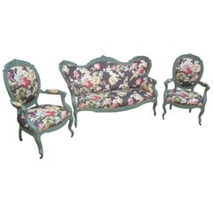 Antique 19th Century Italian Living Room Set in Lacquered Wood Floral Upholstered, 1890s