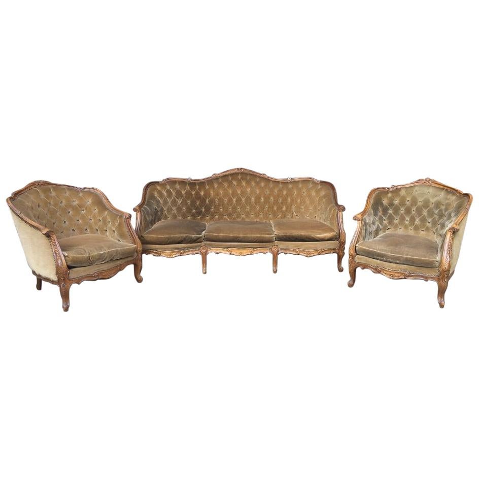 19th Century Italian Living Room Set with Sofa and Armchairs, Original Fabric For Sale
