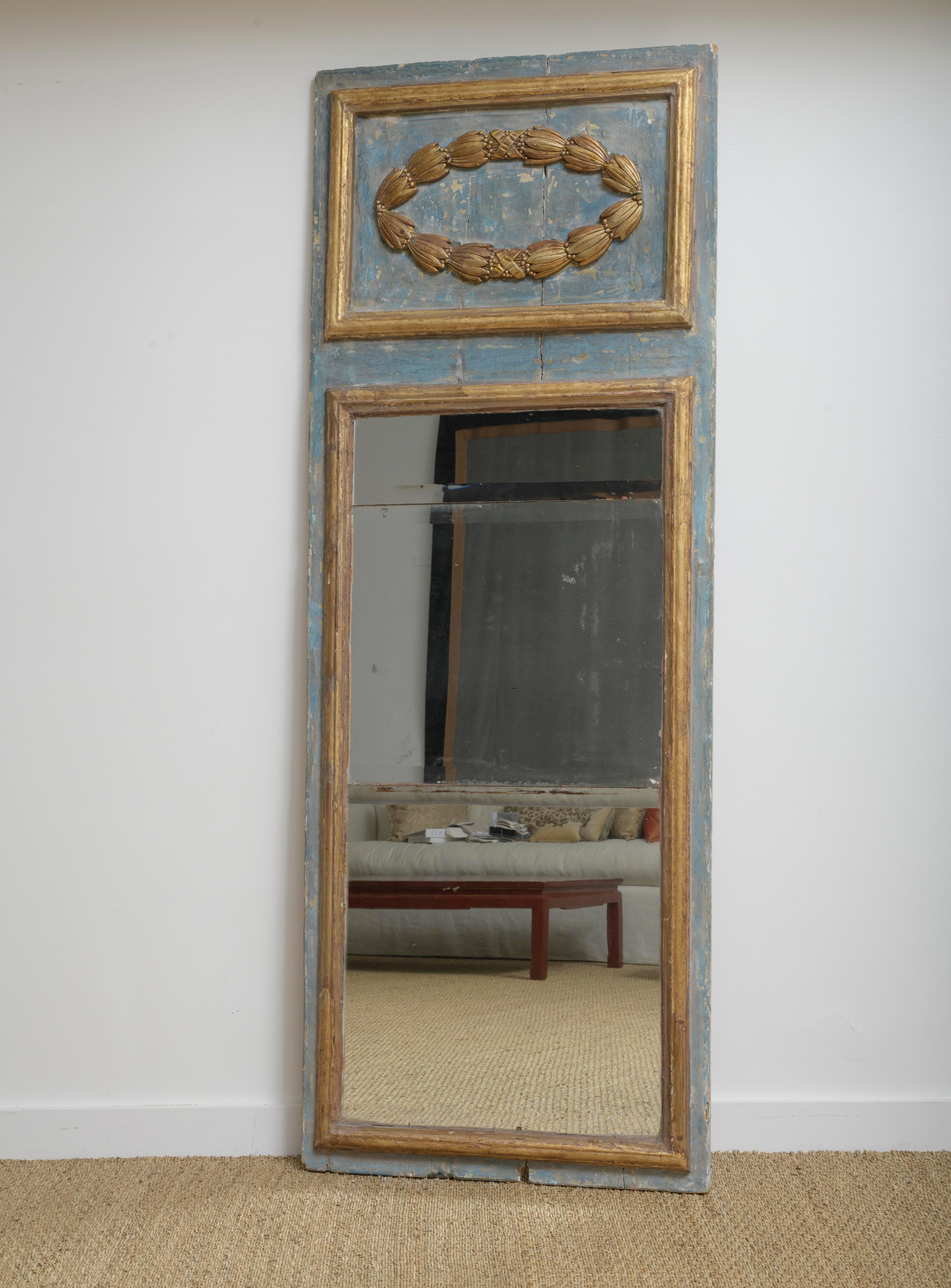 19th Century Italian Louis LXI Style Trumeau Mirror, Original mercury Glass  In Good Condition For Sale In Santa Barbara, CA