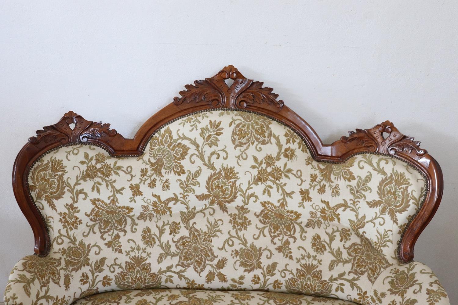 Rare complete Italian luxury Louis Philippe style 1930s living room set includes:
1 sofa
1 armchair
2 footrest

Refined living room set in carved walnut wood. The living room comes from an important Italian villa and embellished the room for