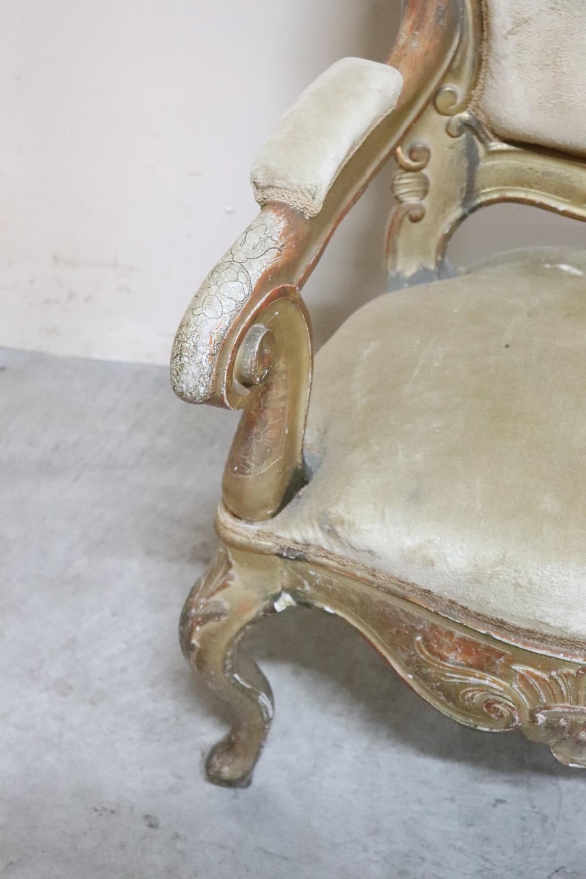 Mid-19th Century 19th Century Italian Louis Philippe Carved and Gilded Wood Antique Armchair