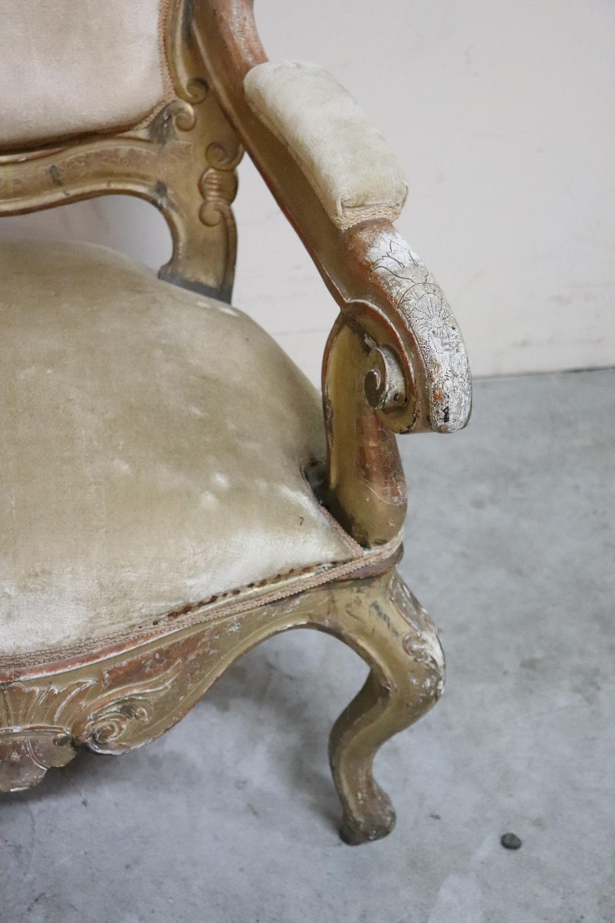 Walnut 19th Century Italian Louis Philippe Carved and Gilded Wood Antique Armchair