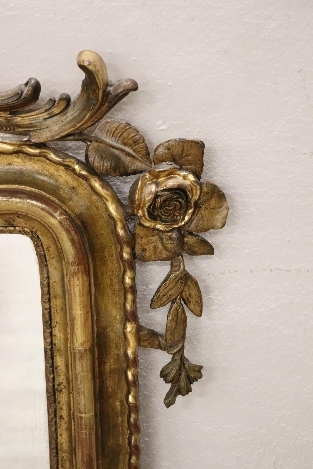 Hand-Carved 19th Century Italian Louis Philippe Carved and Gilded Wood Antique Wall Mirror For Sale