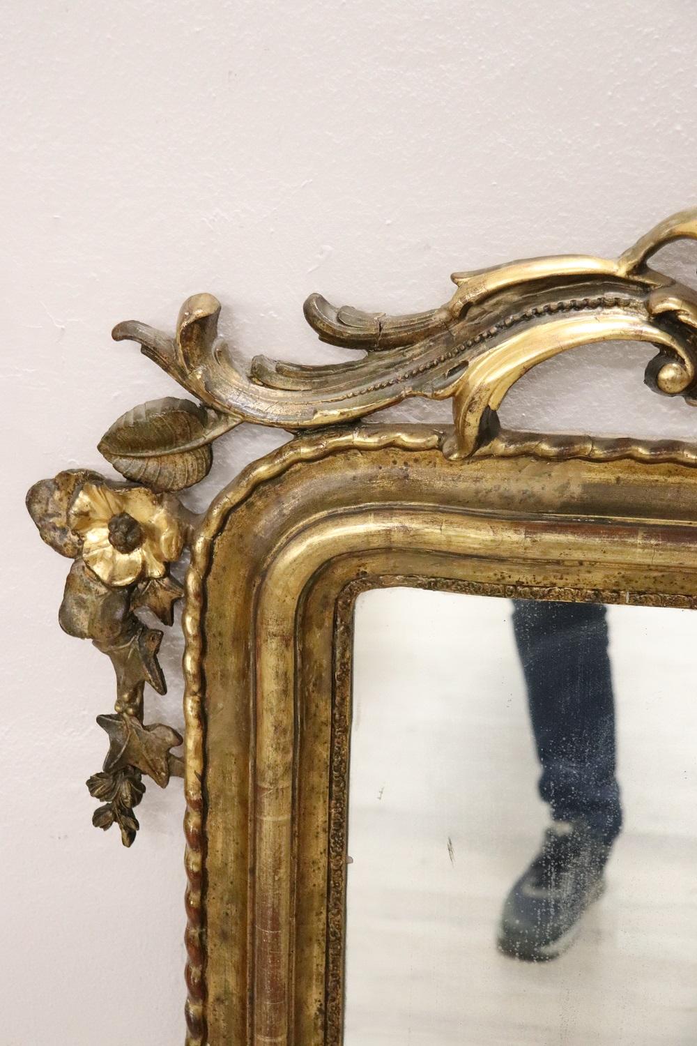 Mid-19th Century 19th Century Italian Louis Philippe Carved and Gilded Wood Antique Wall Mirror For Sale