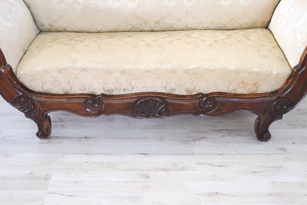 Mid-19th Century 19th Century Italian Louis Philippe Carved Walnut Antique Settee  For Sale