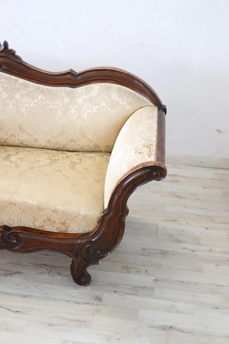 19th Century Italian Louis Philippe Carved Walnut Antique Settee  For Sale 1