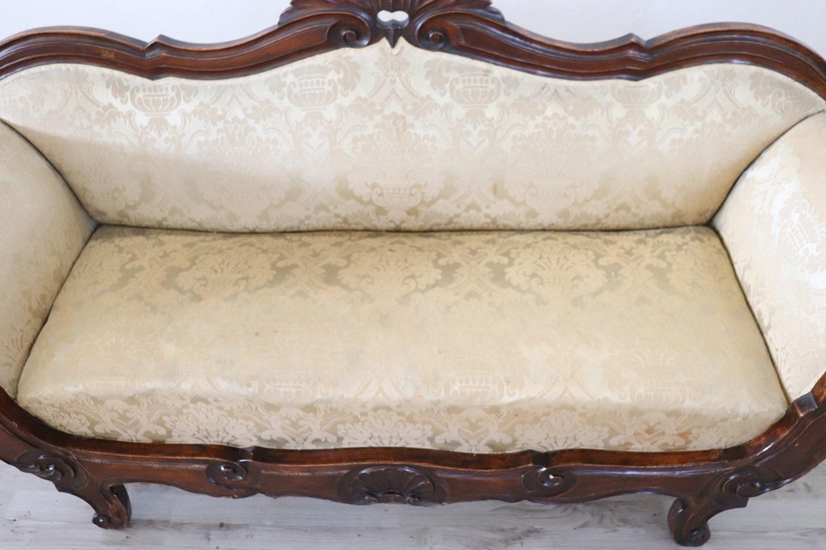 19th Century Italian Louis Philippe Carved Walnut Antique Settee  For Sale 3