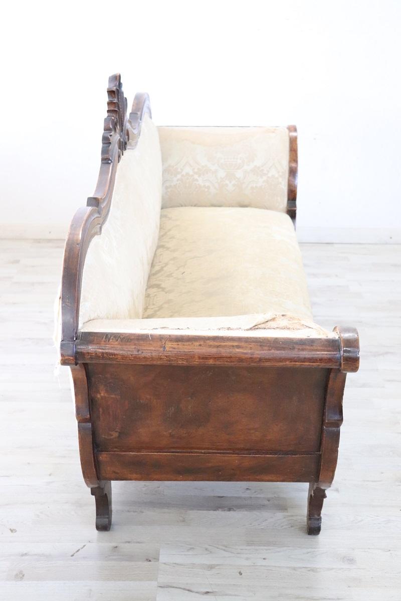 19th Century Italian Louis Philippe Carved Walnut Antique Settee  For Sale 4