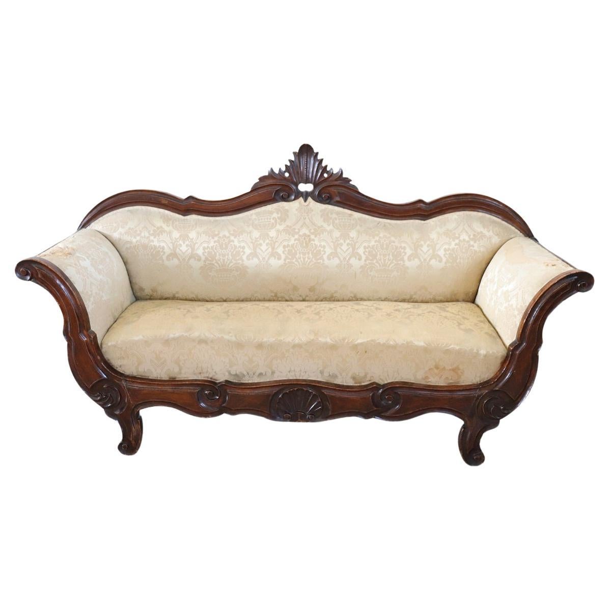 19th Century Italian Louis Philippe Carved Walnut Antique Settee