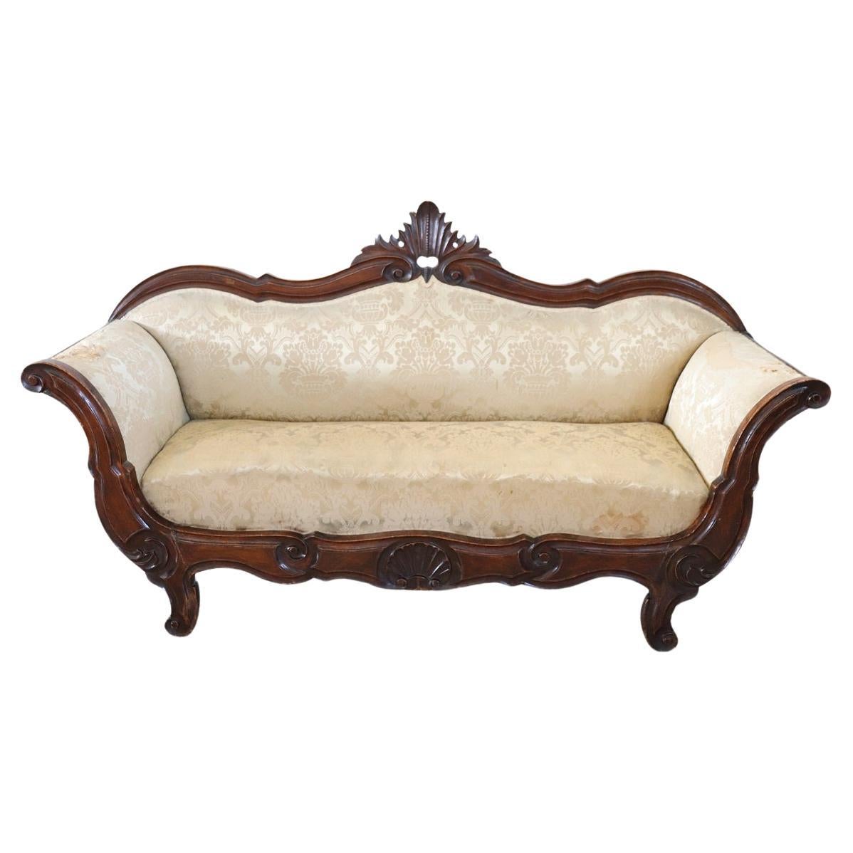 19th Century Italian Louis Philippe Carved Walnut Antique Settee  For Sale