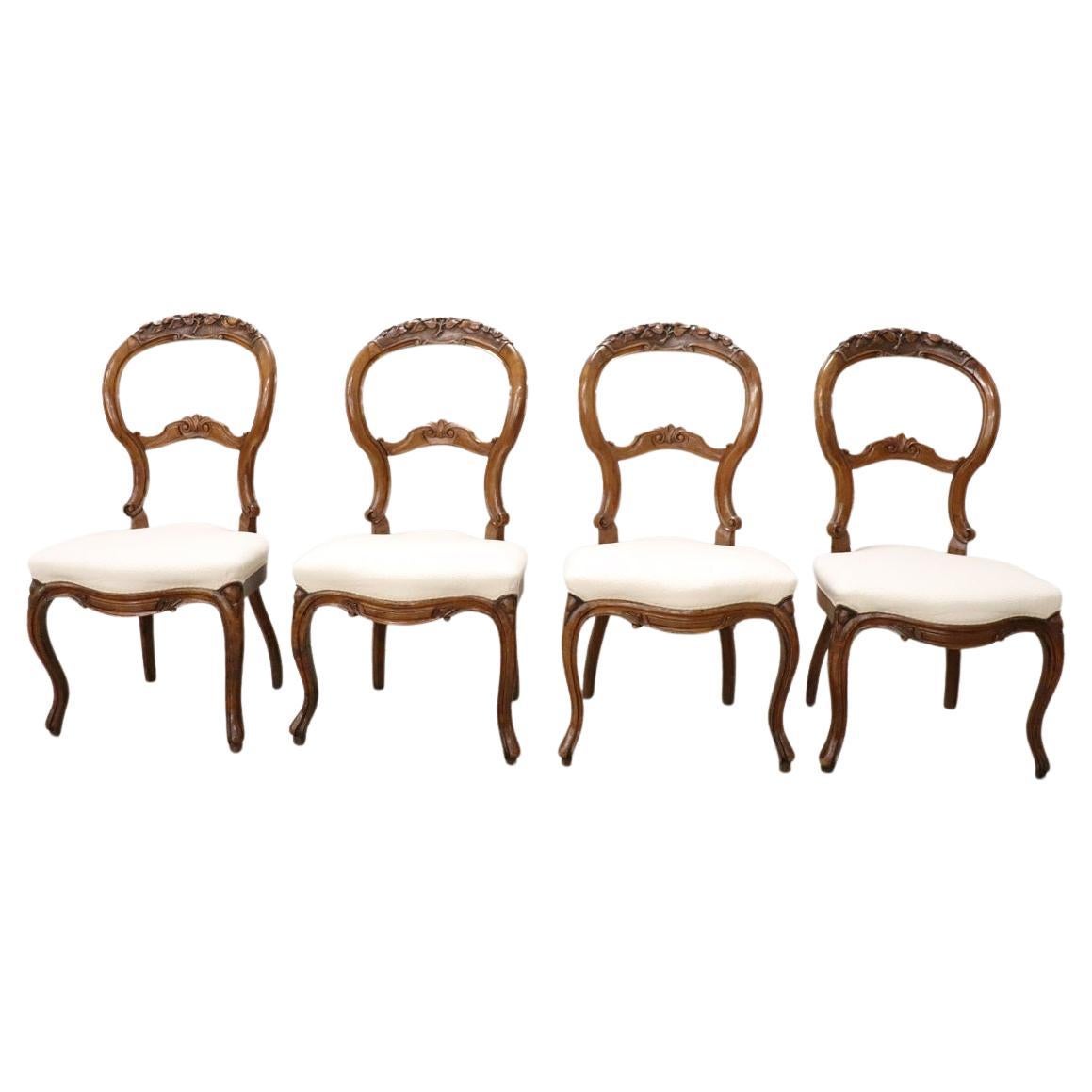 19th Century Italian Louis philippe Carved Walnut Set of Four Antique Chairs