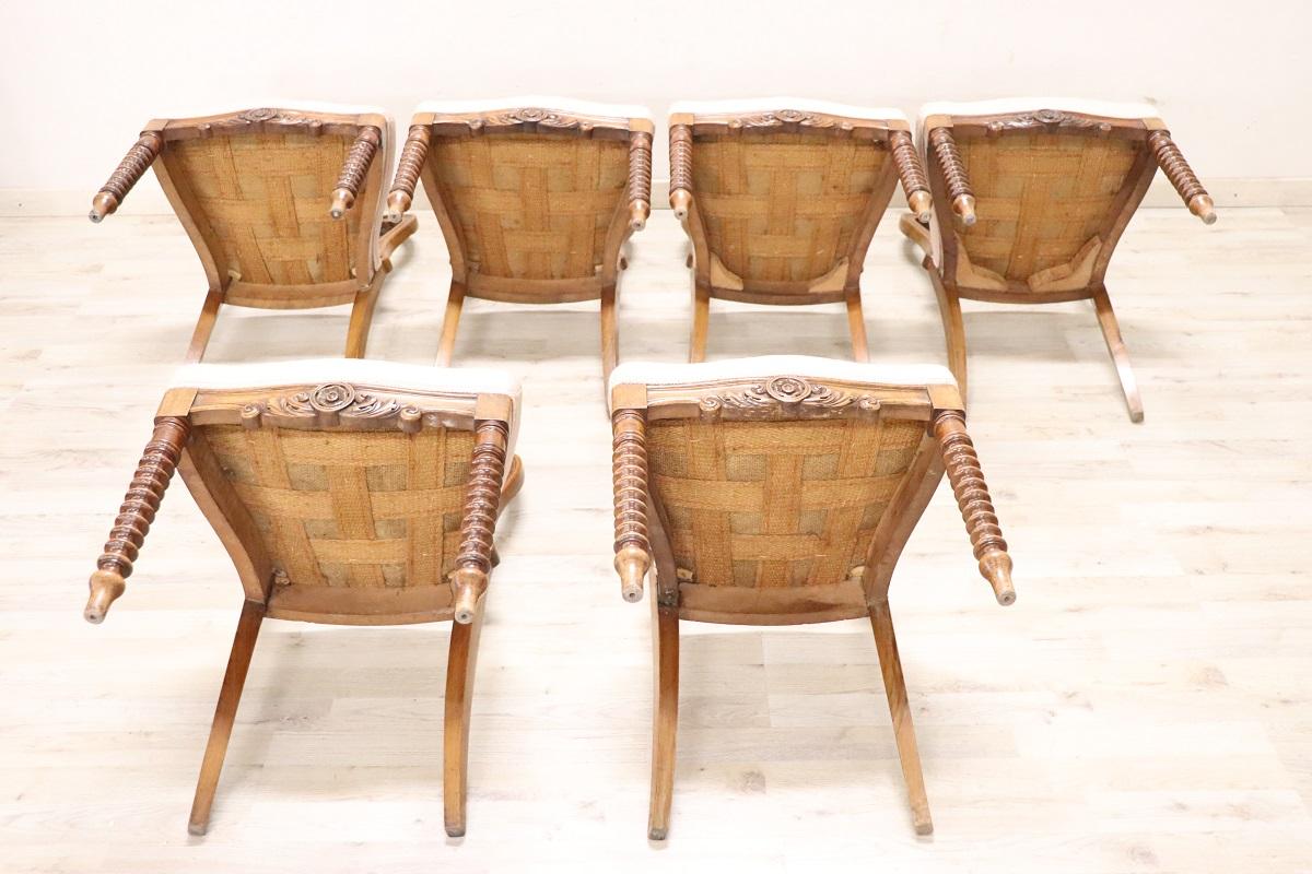 19th Century Italian Louis Philippe Carved Walnut Set of Six Antique Chairs 10
