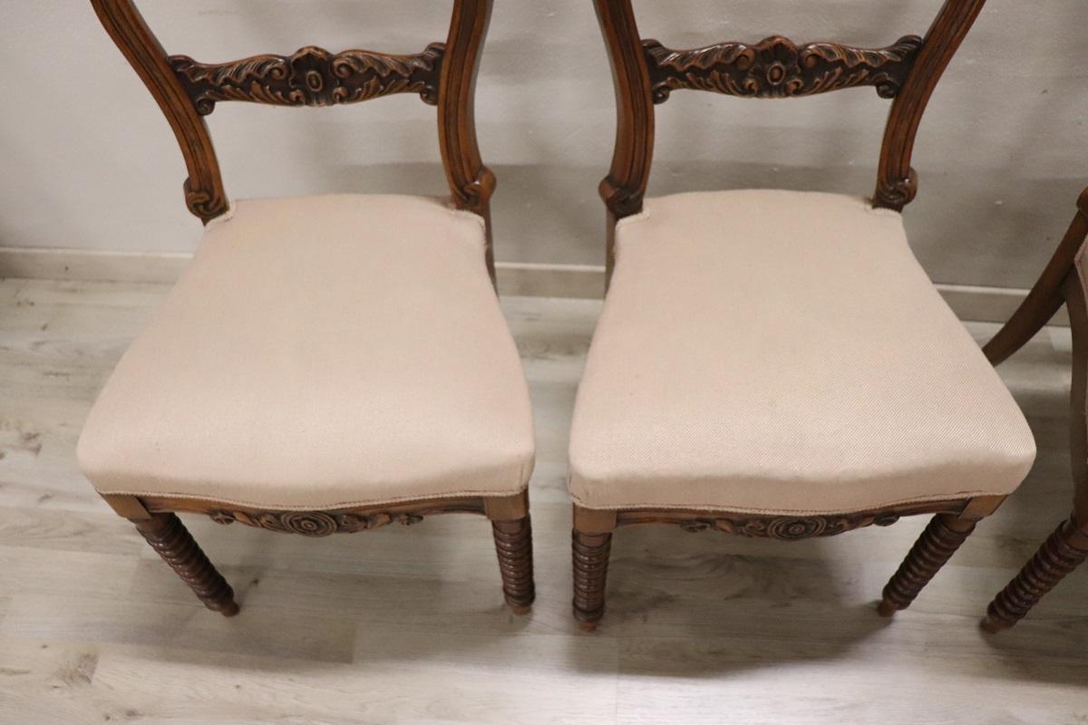 19th Century Italian Louis Philippe Carved Walnut Set of Six Antique Chairs 12
