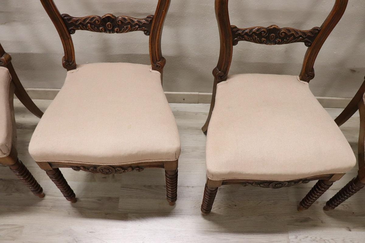 19th Century Italian Louis Philippe Carved Walnut Set of Six Antique Chairs 13