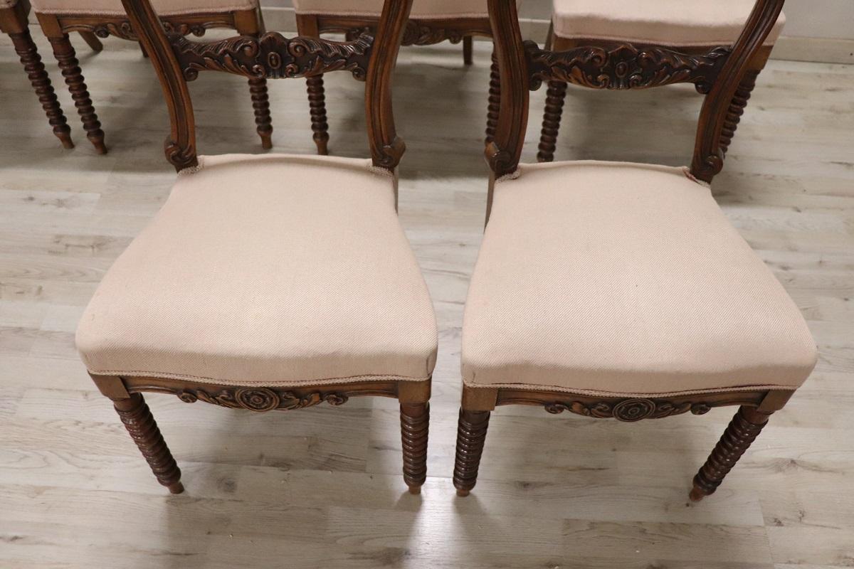19th Century Italian Louis Philippe Carved Walnut Set of Six Antique Chairs 14