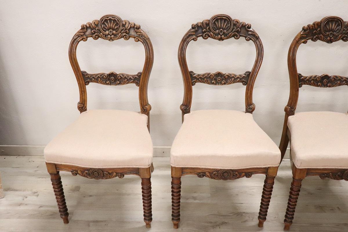We are pleased to present a stunning set of six antique Italian Louis Philippe chairs, dating back to the mid-19th century. These chairs feature a solid walnut frame, showcasing a design that epitomizes the elegance of this historic era.

The