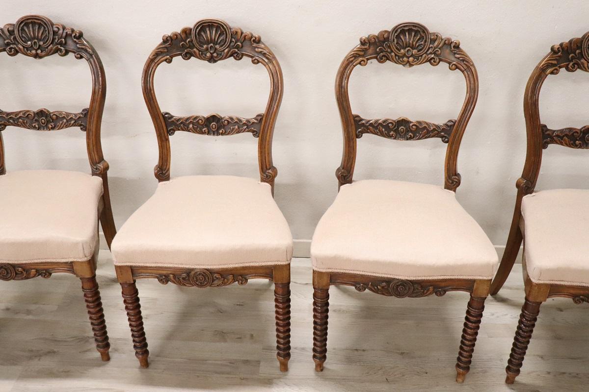 Hand-Carved 19th Century Italian Louis Philippe Carved Walnut Set of Six Antique Chairs