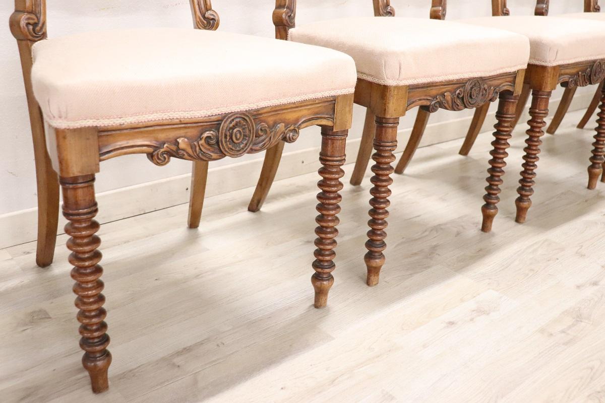 Mid-19th Century 19th Century Italian Louis Philippe Carved Walnut Set of Six Antique Chairs