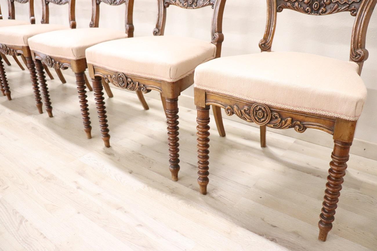 19th Century Italian Louis Philippe Carved Walnut Set of Six Antique Chairs 1