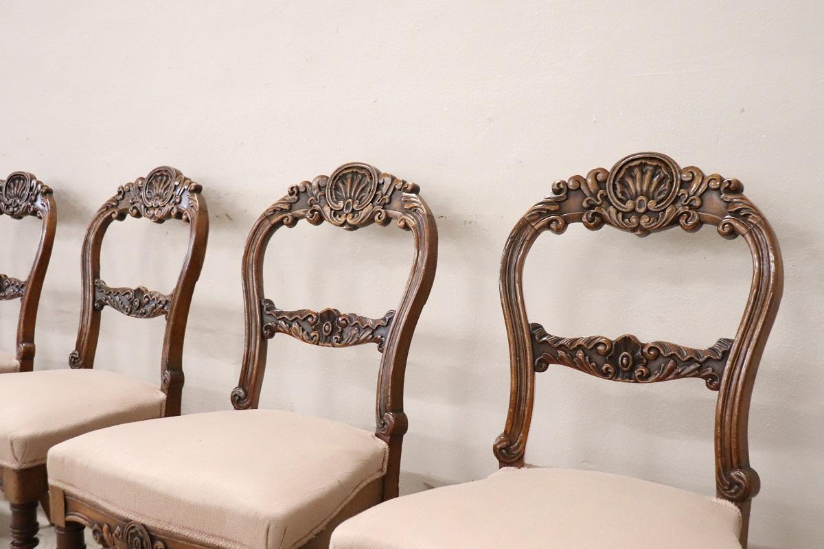 19th Century Italian Louis Philippe Carved Walnut Set of Six Antique Chairs 2