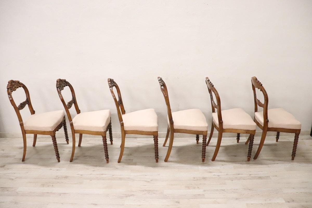 19th Century Italian Louis Philippe Carved Walnut Set of Six Antique Chairs 3