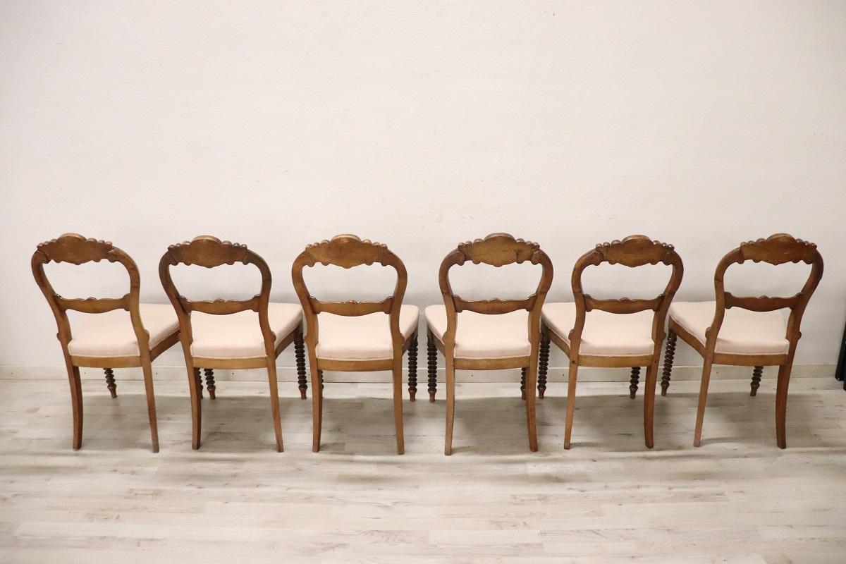 19th Century Italian Louis Philippe Carved Walnut Set of Six Antique Chairs 4