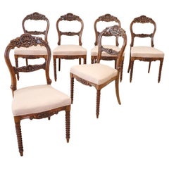 19th Century Italian Louis Philippe Carved Walnut Set of Six Antique Chairs