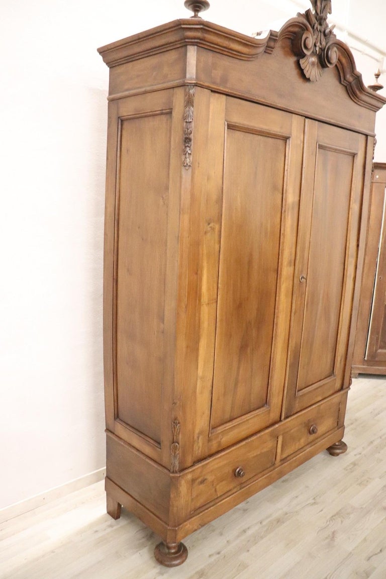 19th Century Italian Louis Philippe Hand Carved Walnut Wardrobe Or