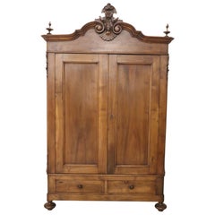 19th Century Italian Louis Philippe Hand Carved Walnut Wardrobe or Armoire