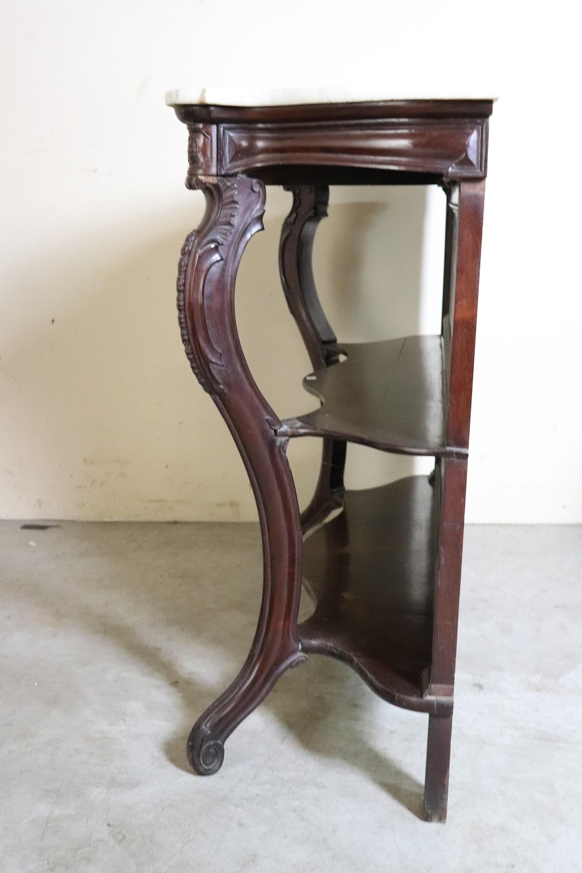 19th Century Italian Louis Philippe Mahogany Carved Marble Top Console Table 3