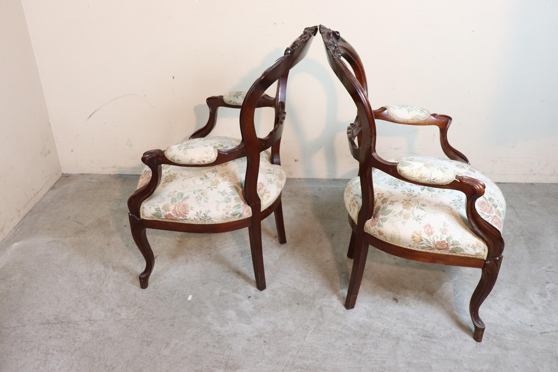 19th Century Italian Louis Philippe Mahogany Carved Pair of Armchairs 6