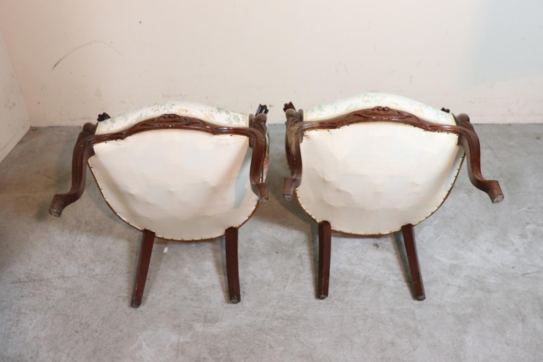 19th Century Italian Louis Philippe Mahogany Carved Pair of Armchairs 7