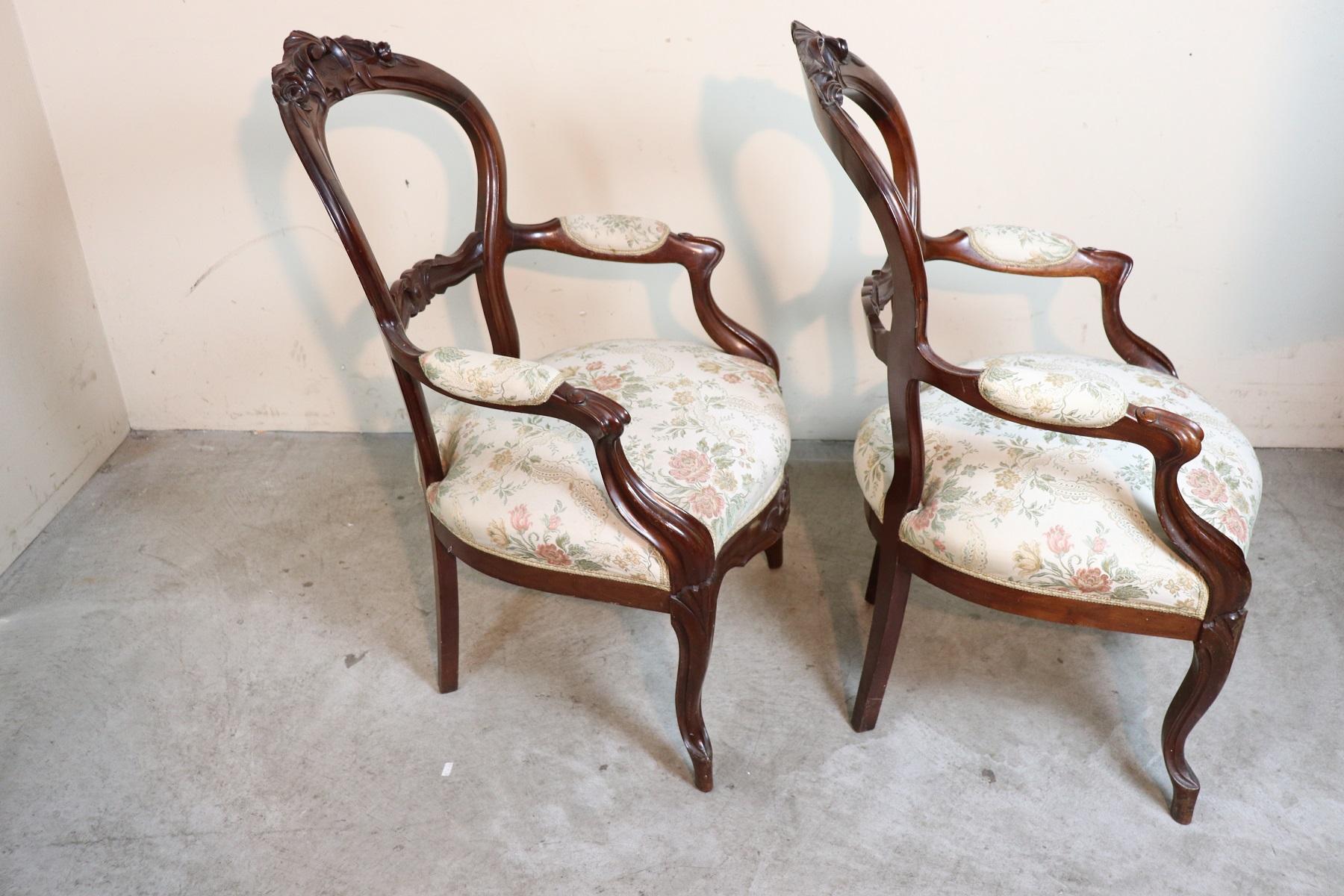 19th Century Italian Louis Philippe Mahogany Carved Pair of Armchairs 4