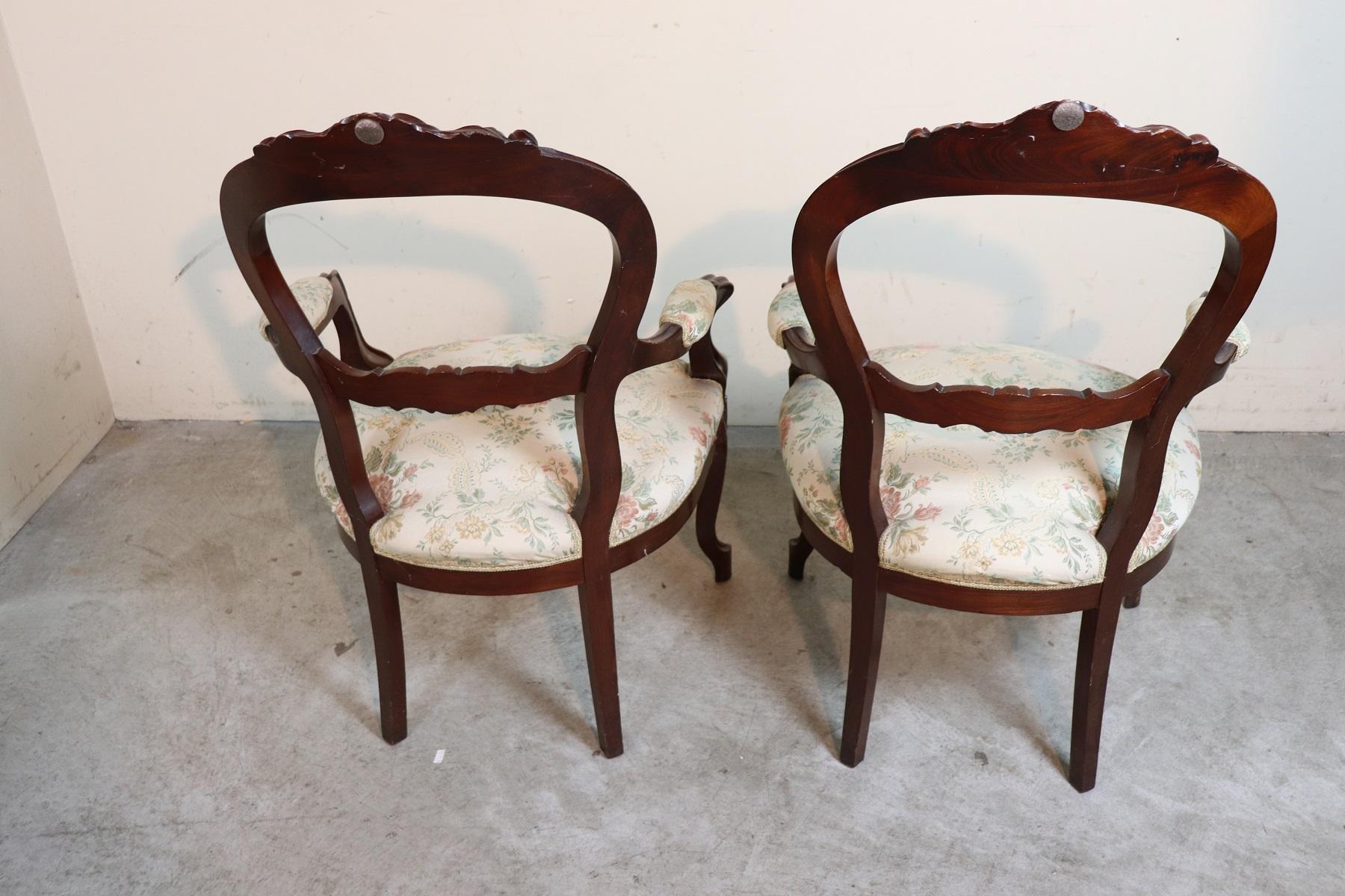 19th Century Italian Louis Philippe Mahogany Carved Pair of Armchairs 5