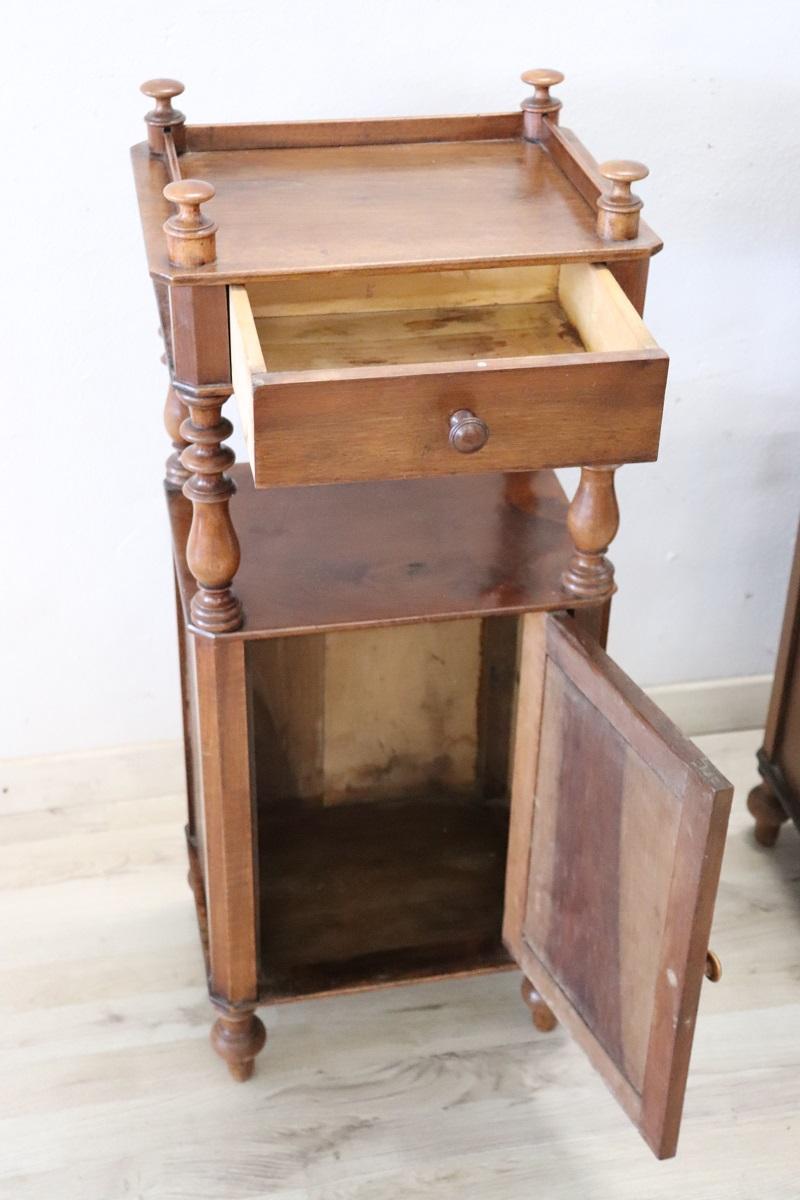 Mid-19th Century 19th Century Italian Louis Philippe Pair of Antique Nightstands in Solid Walnut For Sale