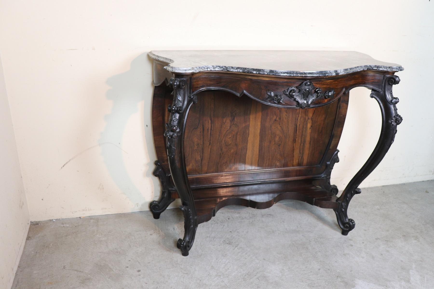 19th Century Italian Louis Philippe Rosewood Carved Marble-Top Console Table In Good Condition In Casale Monferrato, IT