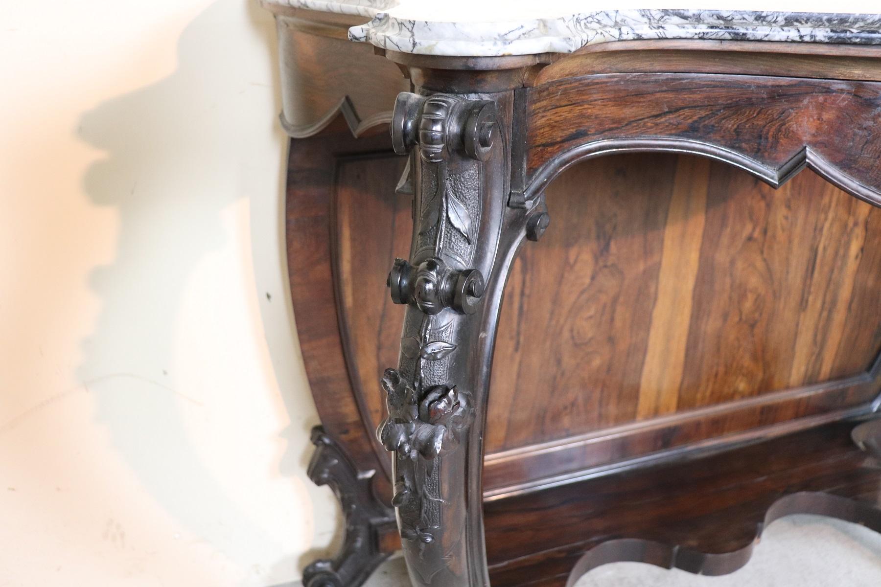 Mid-19th Century 19th Century Italian Louis Philippe Rosewood Carved Marble-Top Console Table