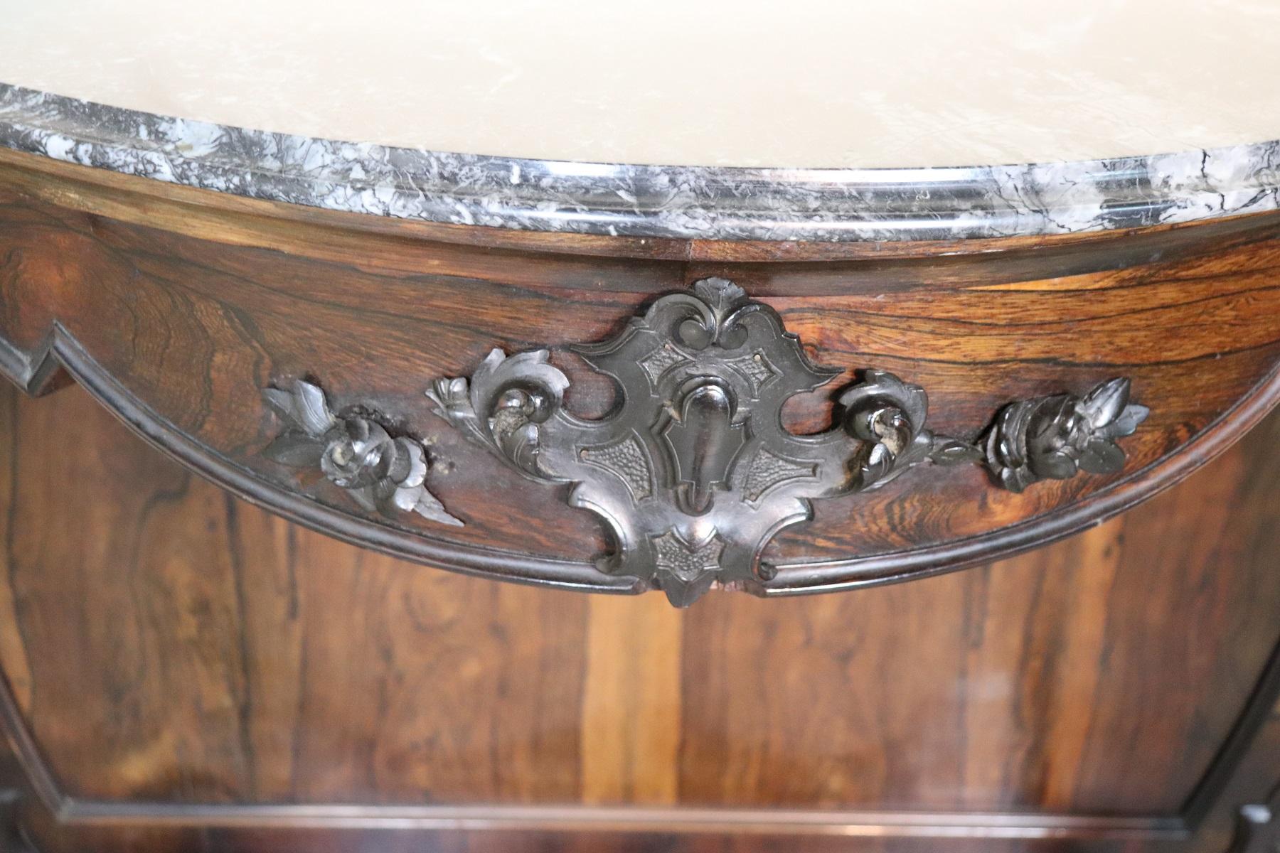 19th Century Italian Louis Philippe Rosewood Carved Marble-Top Console Table 1